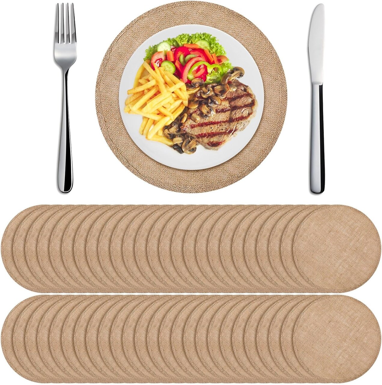 Set of 48 Brown Burlap Round Placemats for Rustic Table Decor